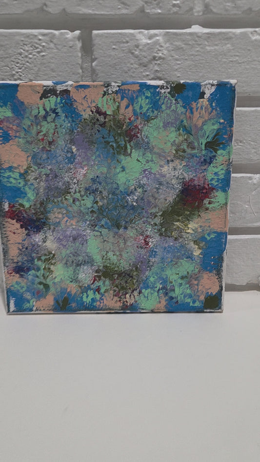 Abstract Blot Floral Art Original Painting On Canvas Signed Blue & Green Artwork