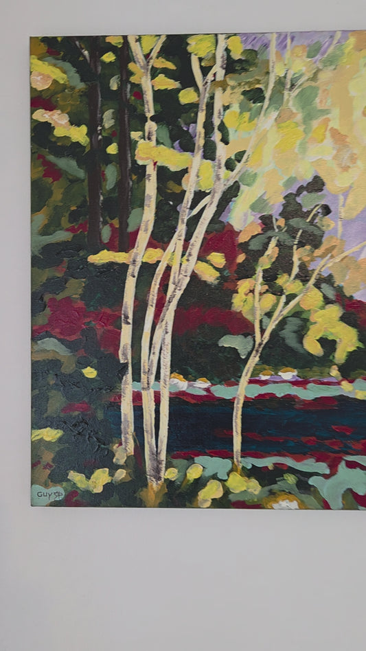 Original Forest Landscape Painting Birch Trees River Nature Acrylic Canvas Art