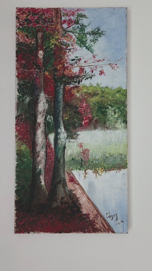 Original Autumn Trees Landscape Painting Fall Lake Nature Scene Canvas Wall Art