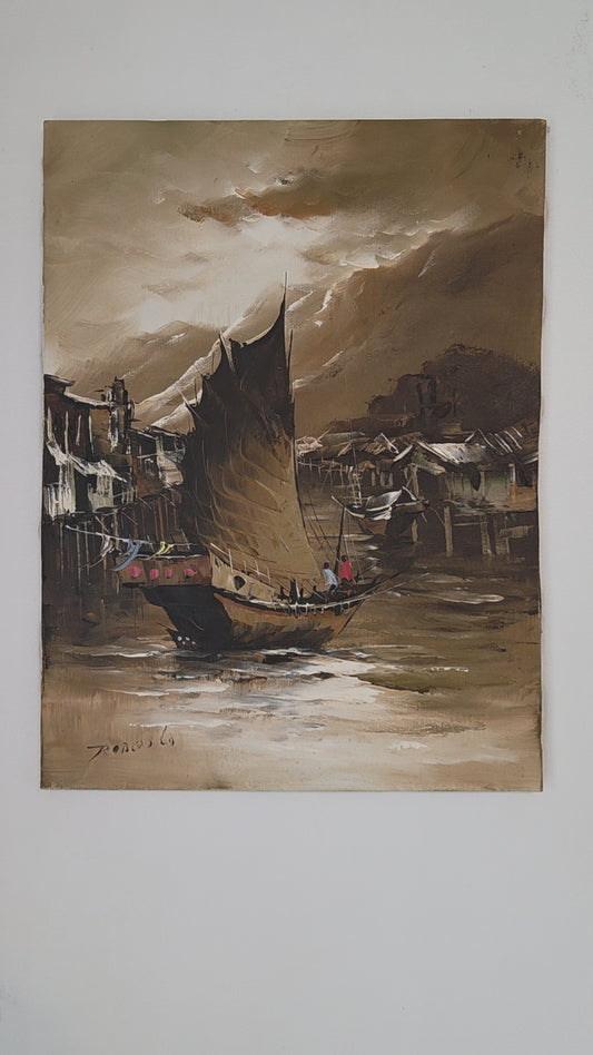 Original Asian Sail Boat Ship Harbor Painting Seascape Canvas Art Maritime Decor