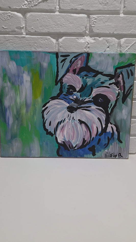 Original Schnauzer Dog Pop Art Painting On Canvas Signed Pet Portrait Home Decor