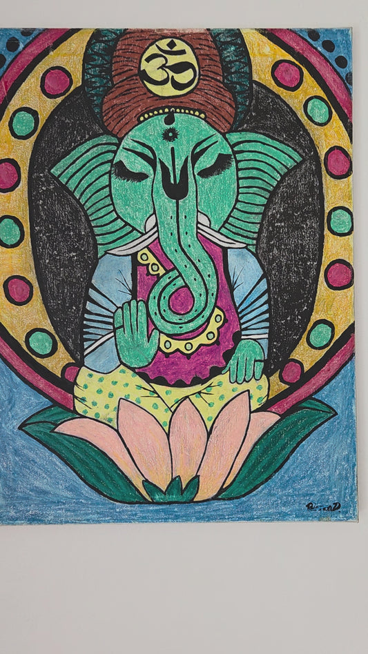 Original Ganesha Painting Hindu Spiritual Elephant God Lotus Meditation Wall Art
