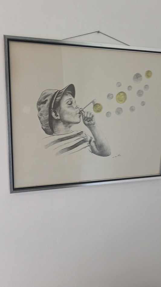 Original Wolfgang M Otto Pencil Drawing Signed Boy Blowing Bubble Artwork Framed