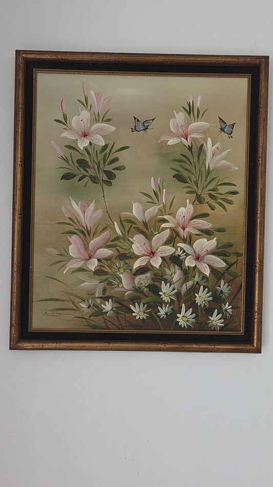 Original Framed Floral Oil Painting: Pink Lilies, Daisies, Butterflies Art Decor