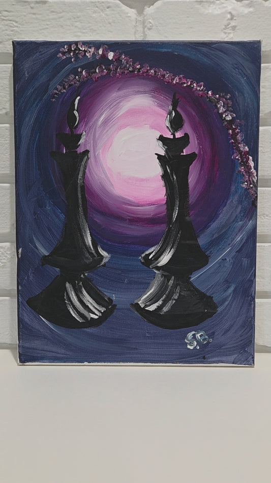 Original Acrylic Painting On Canvas Signed SB Artwork Chess Pawn Candle Moon Art