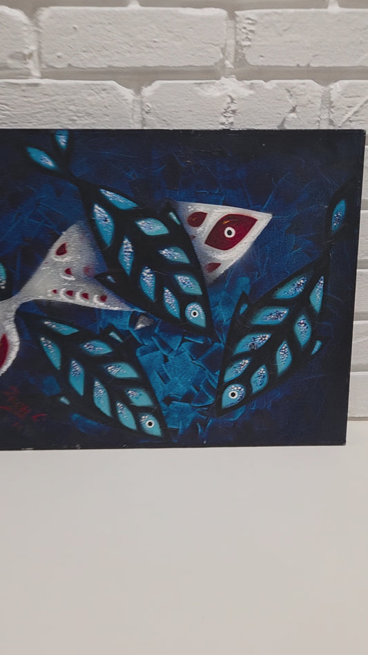 Original Painting Abstract Fish Blue Marine Ocean Mid Century Modern Art Signed