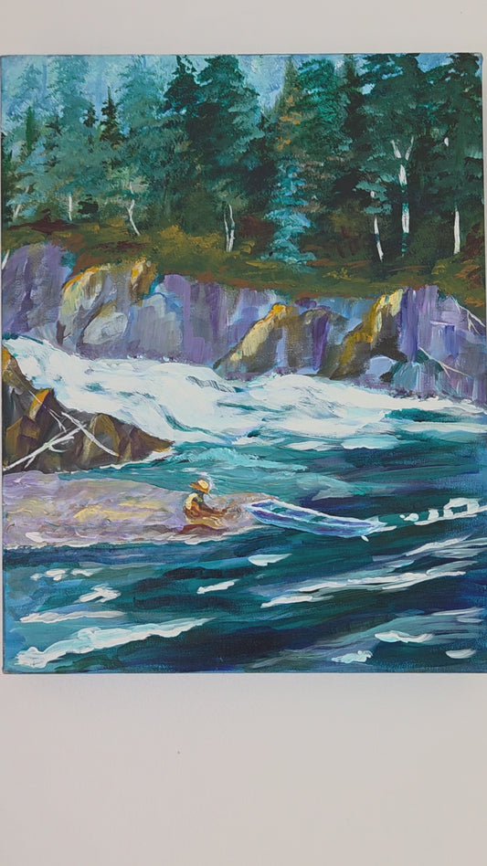 Original River Landscape Painting – Forest Waterfall Kayak Scene – Nature Acrylic Canvas Wall Art