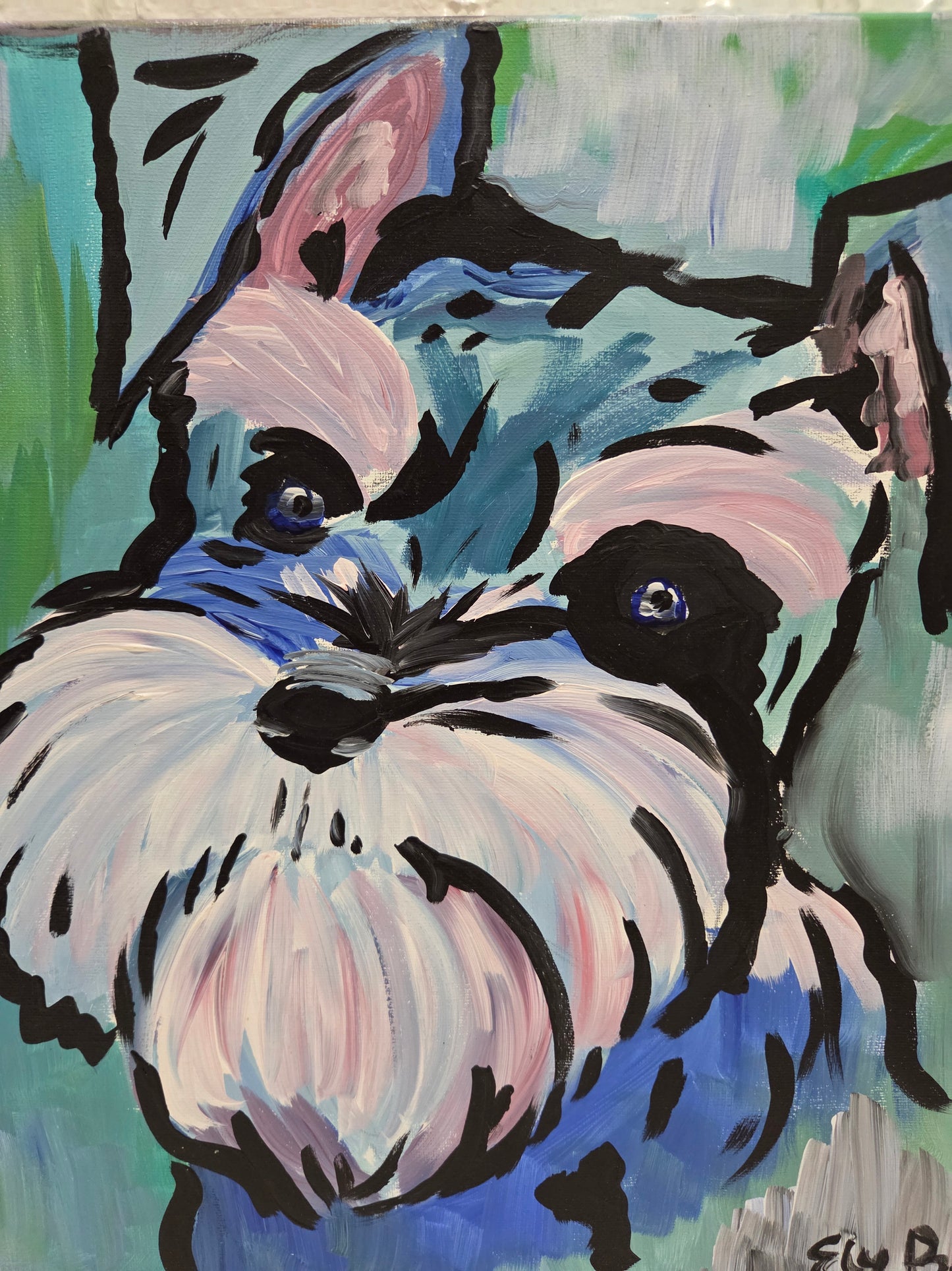 Original Schnauzer Dog Pop Art Painting On Canvas Signed Pet Portrait Home Decor