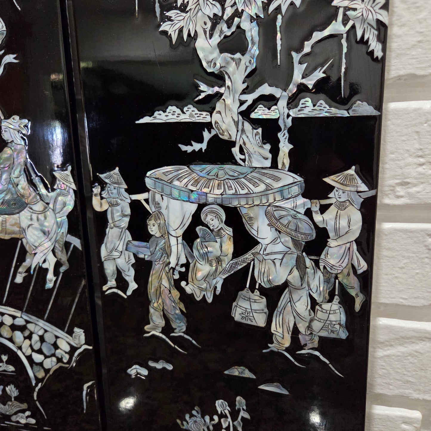 Asian Inlayed Mother Of Pearl On Black Laquer Wood Panel Horse Wall Decor 2p Set