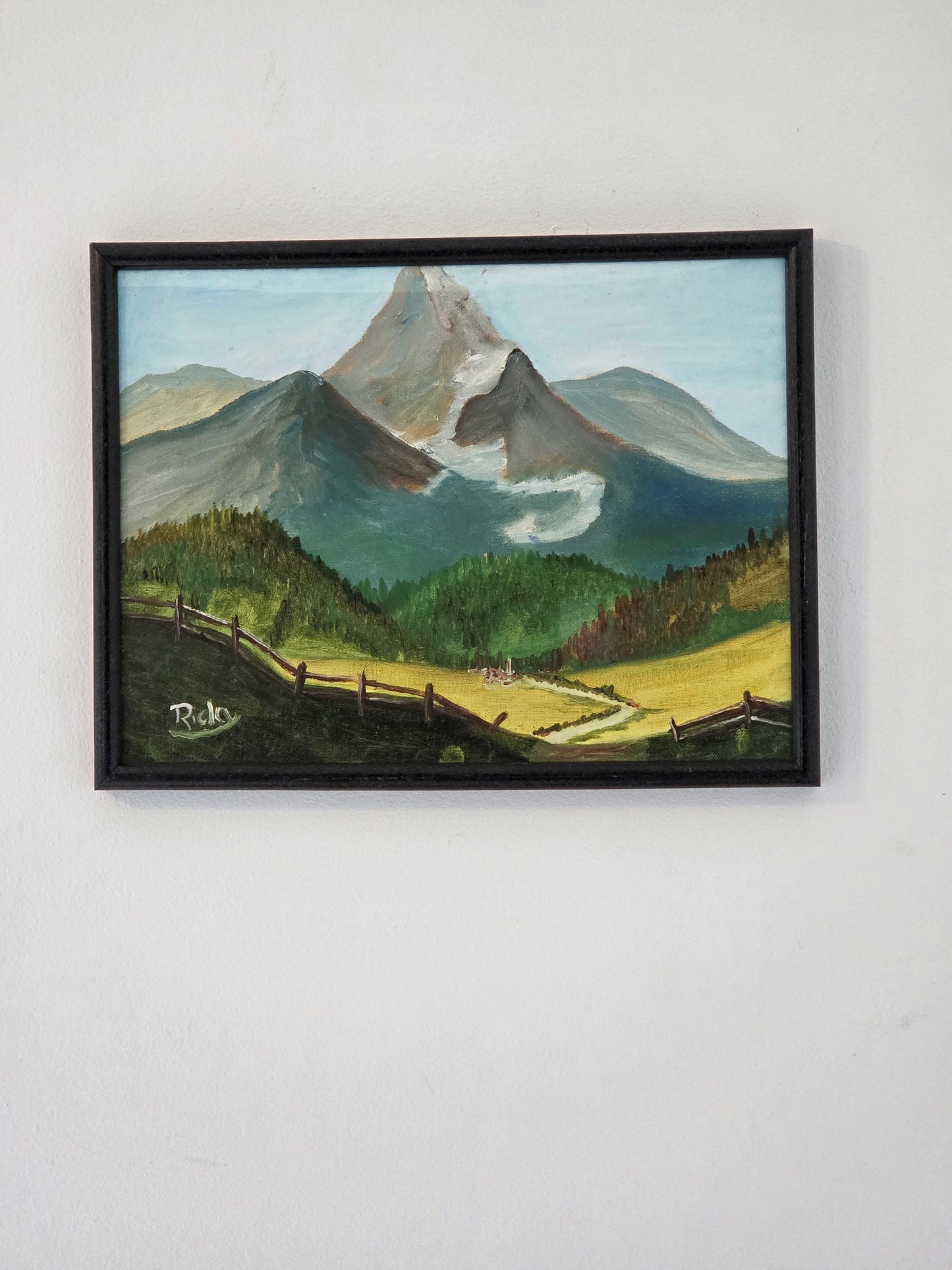 Mountain Valley Landscape Original Painting On Canvas Artwork Signed Framed Art