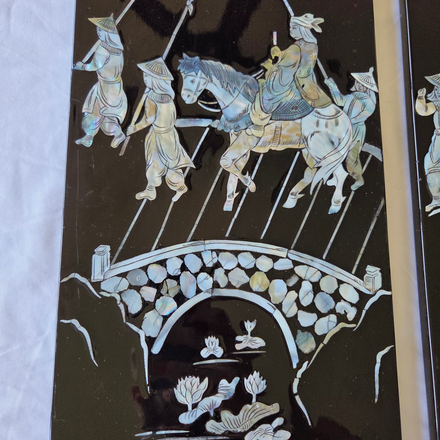 Asian Inlayed Mother Of Pearl On Black Laquer Wood Panel Horse Wall Decor 2p Set