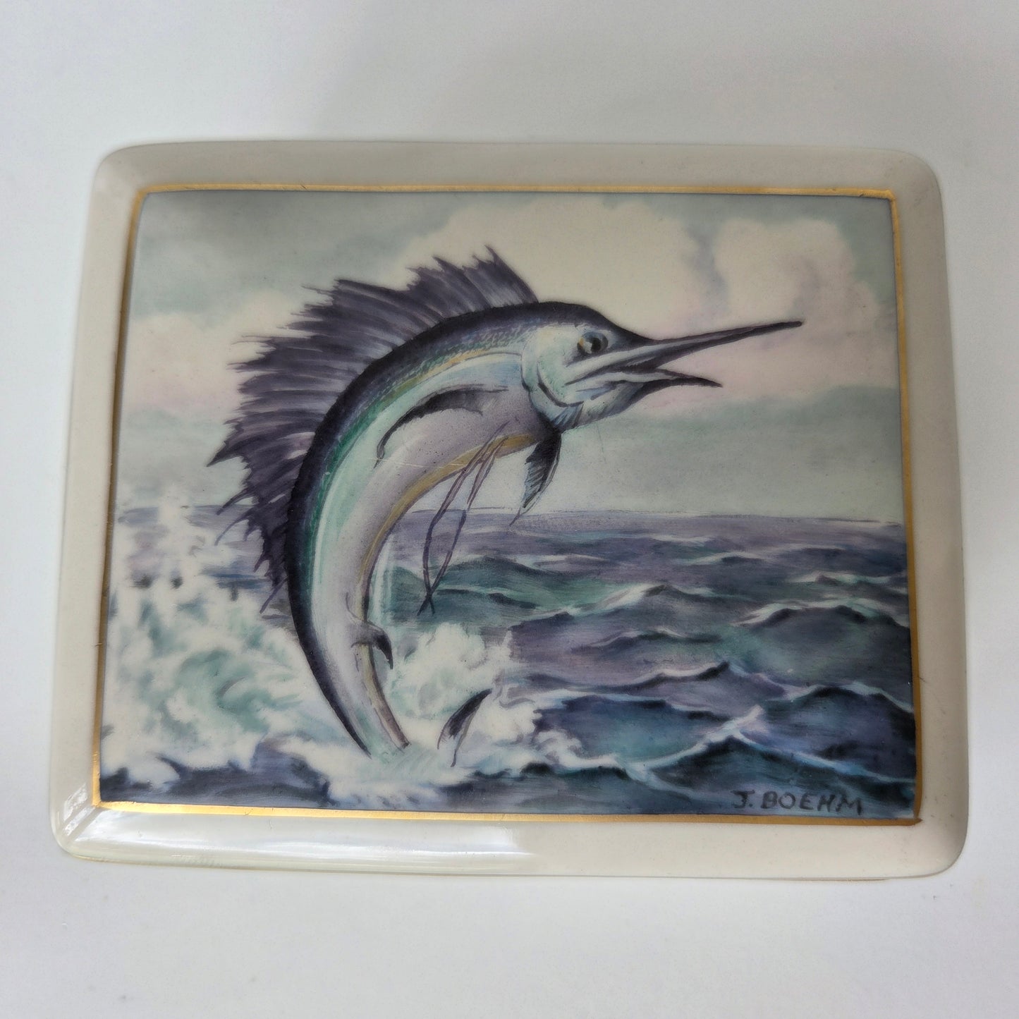 J.Boehm Porcelin Trinket Box Swordfish Sailfish Marlin Ocean Gold Trim Ceramic