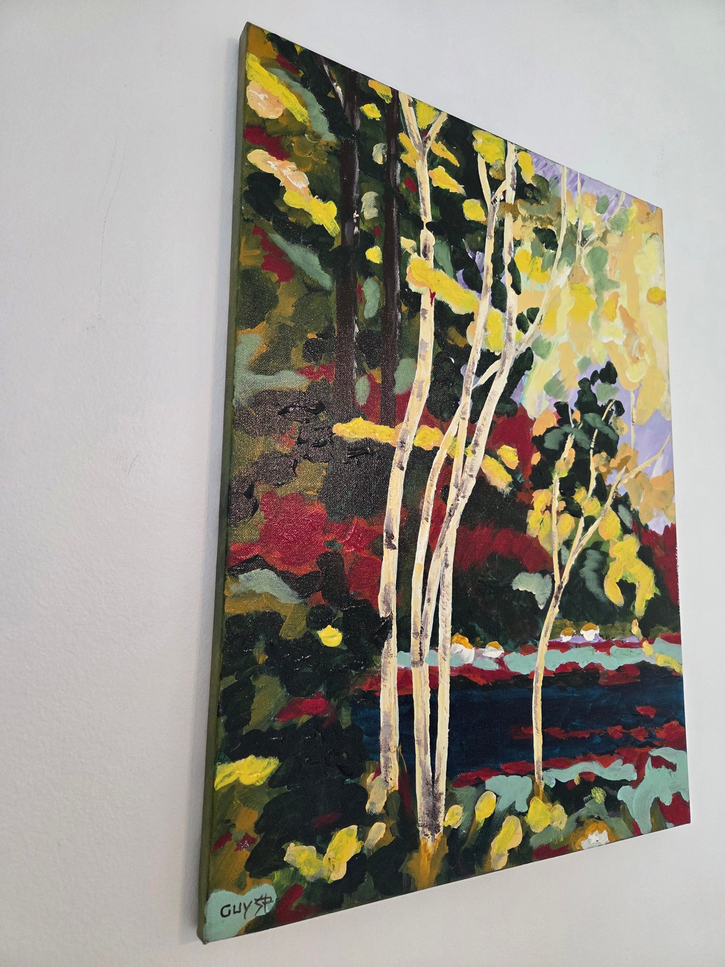 Original Forest Landscape Painting Birch Trees River Nature Acrylic Canvas Art