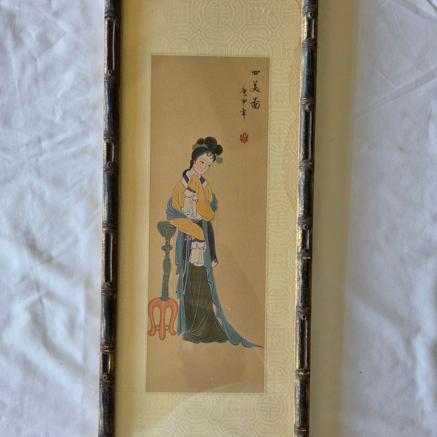 Japanese Art Geisha Girl Color Painting On Silk Signed Original Oriental Tapestry