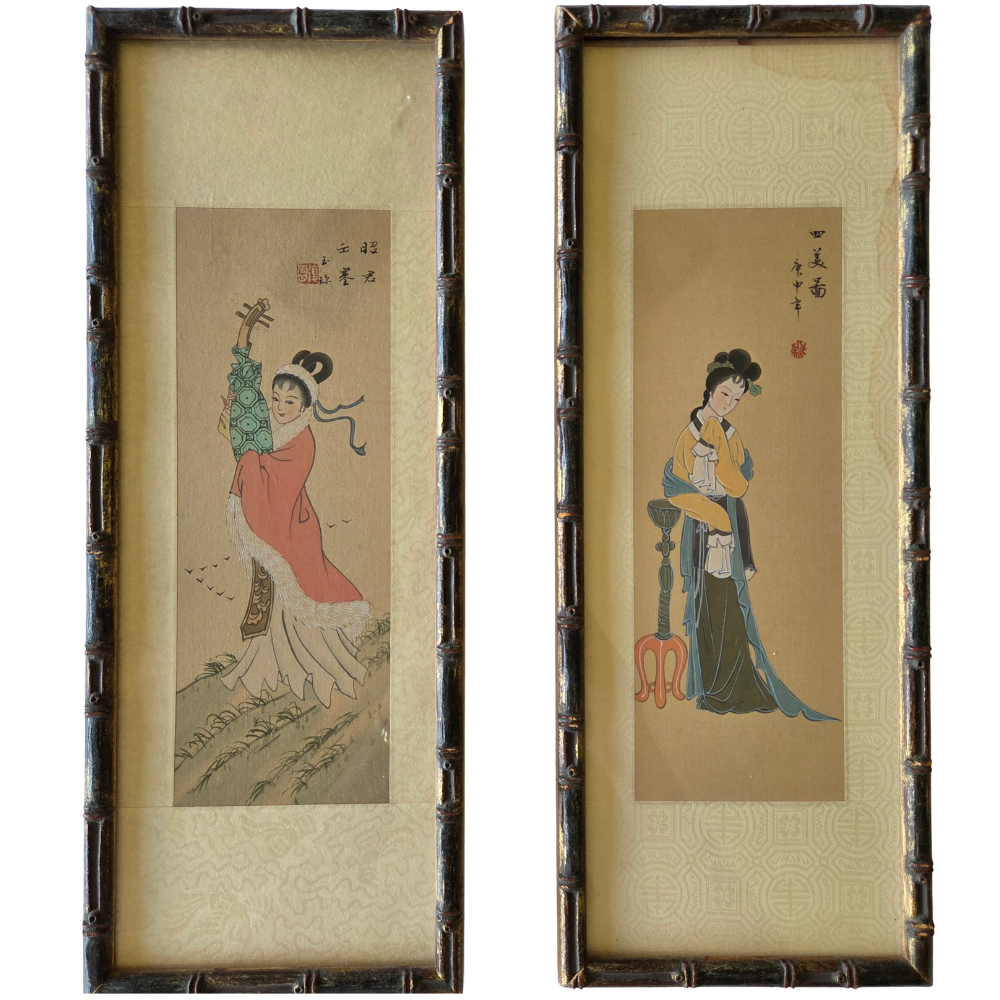 Japanese Geisha Girls Watercolor Painting on Silk Scroll Signed Original Artwork