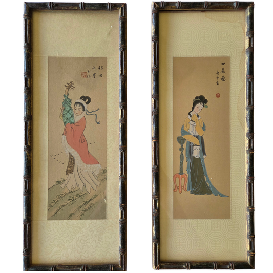 Japanese Geisha Girls Watercolor Painting on Silk Scroll Signed Original Artwork