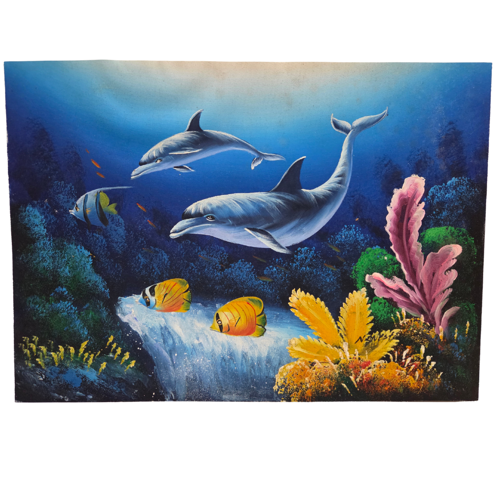 Dolphin Fish Coral Reef Painting Canvas Ocean Sea Marine Life Art Original Signd
