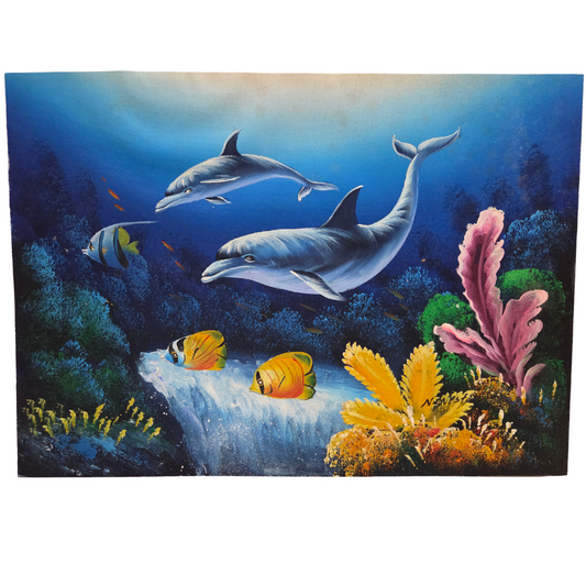 Dolphin Fish Coral Reef Painting Canvas Ocean Sea Marine Life Art Original Signd
