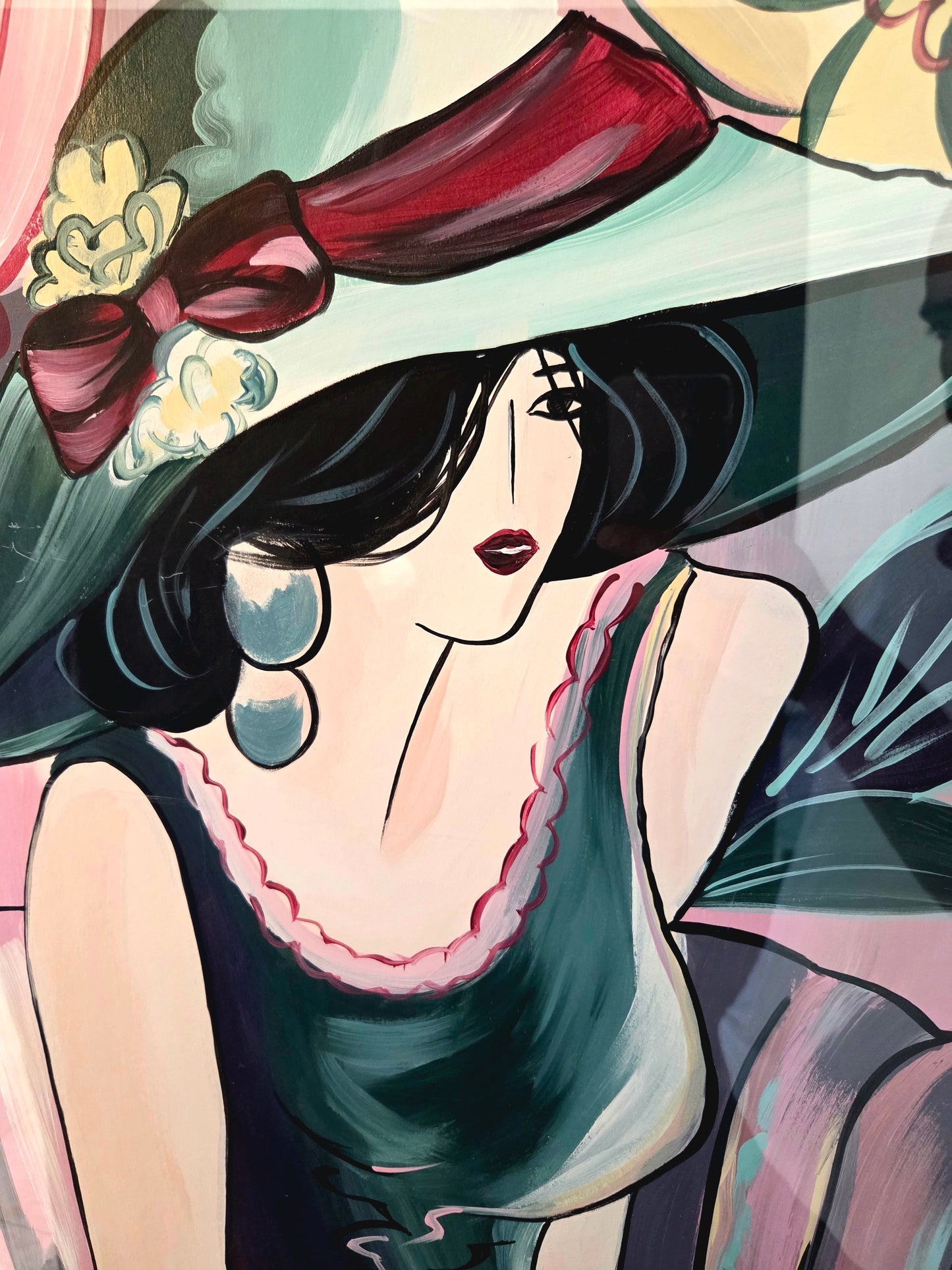 Original Acrylic Painting Elegant Woman in Floral Hat Portrait Fashion Wall Art
