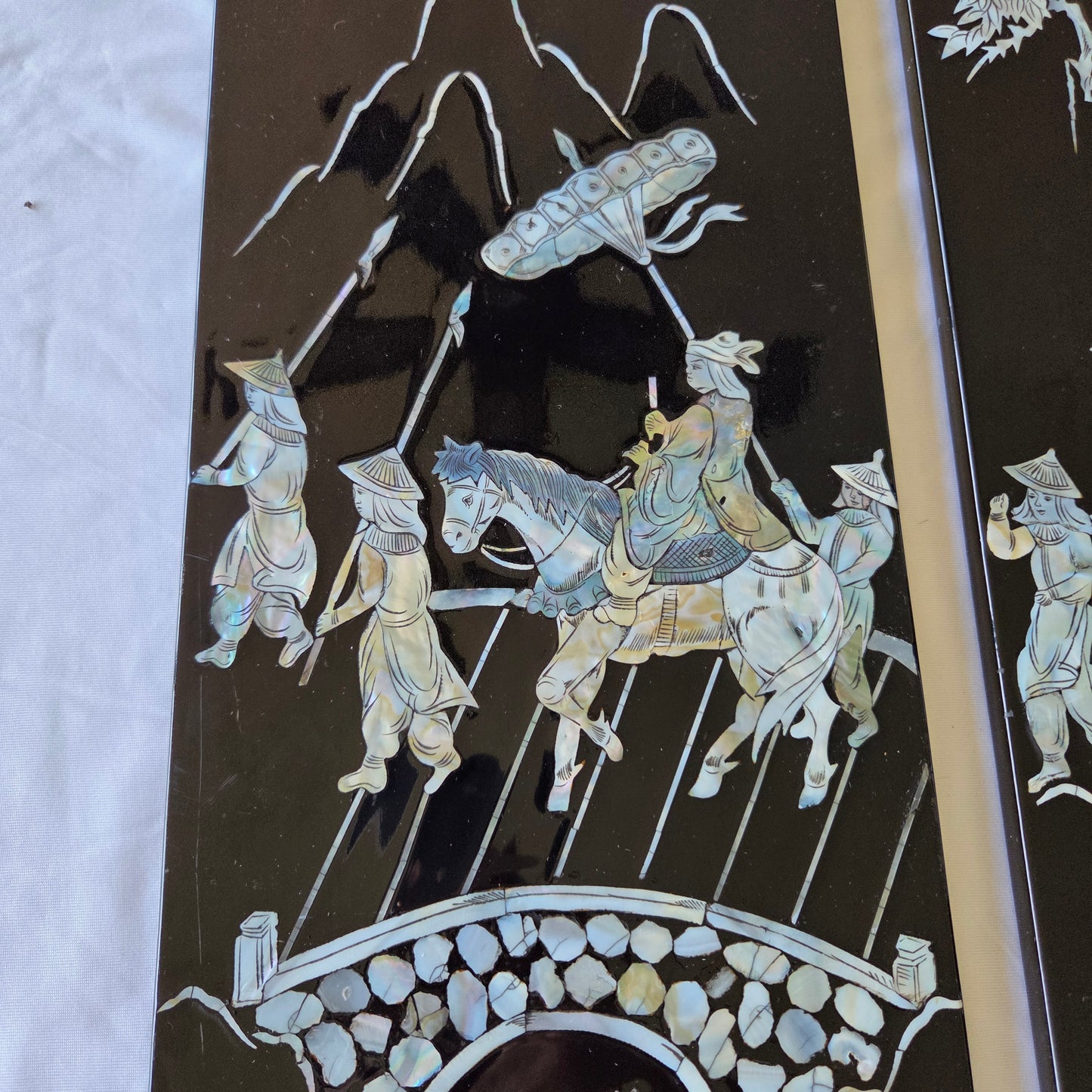 Asian Inlayed Mother Of Pearl On Black Laquer Wood Panel Horse Wall Decor 2p Set