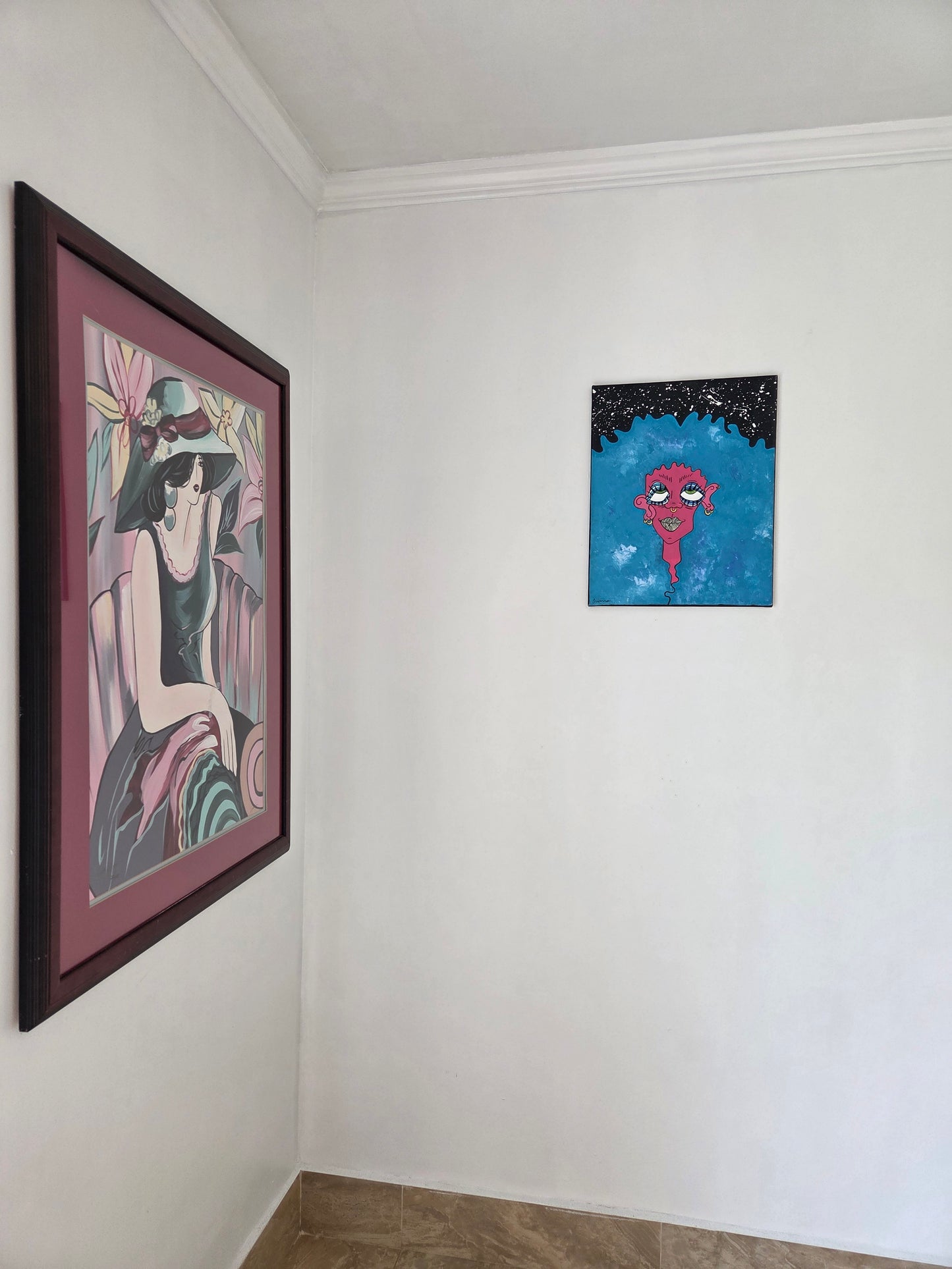 Original Hand-painted Vibrant Pop Art Blue Hair Pink Face girl on canvas Artwork