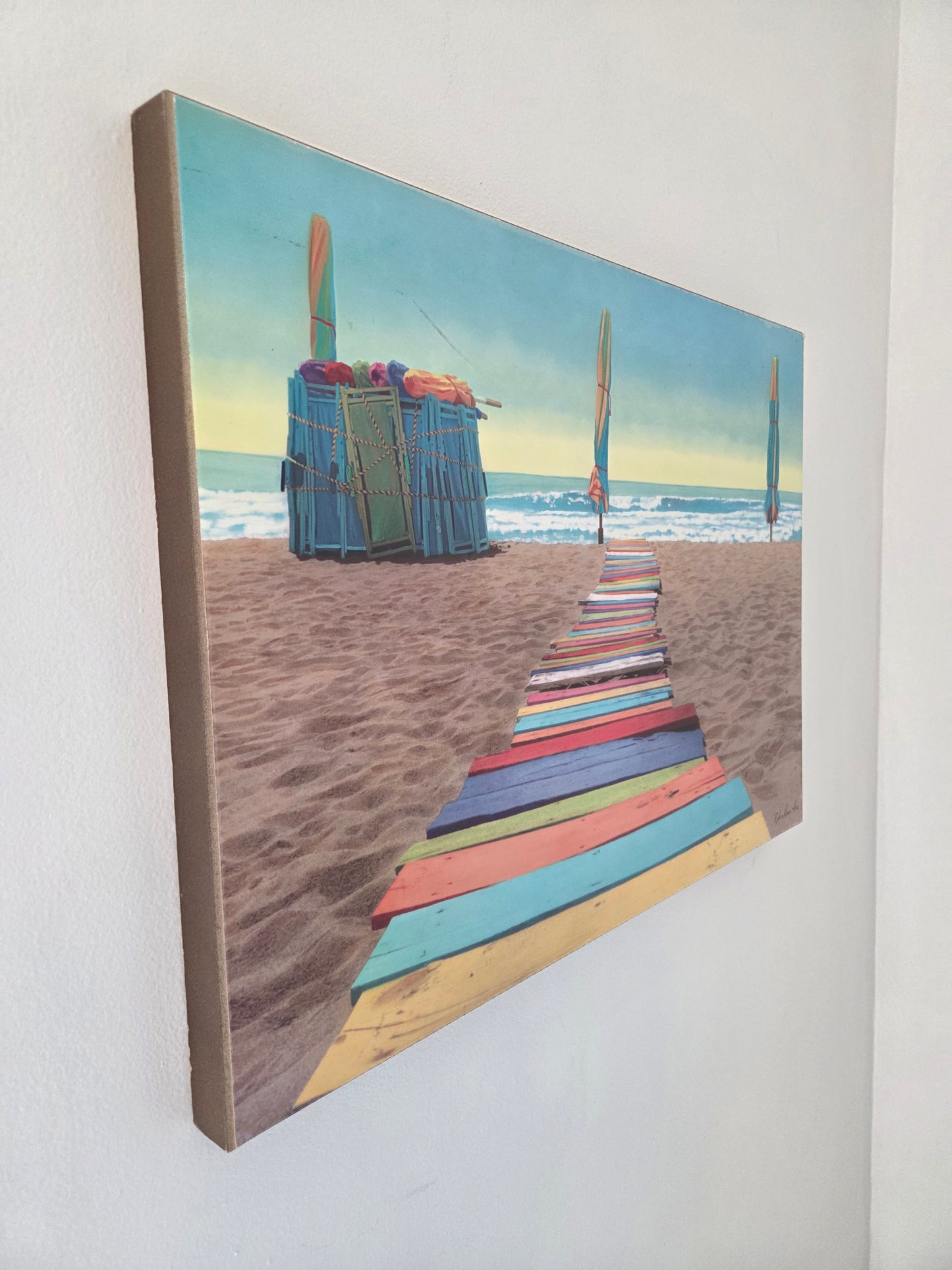 Coastal Beach Color Boardwalk Ocean Print Poster Art on Wood Wall Decor 23x17.5