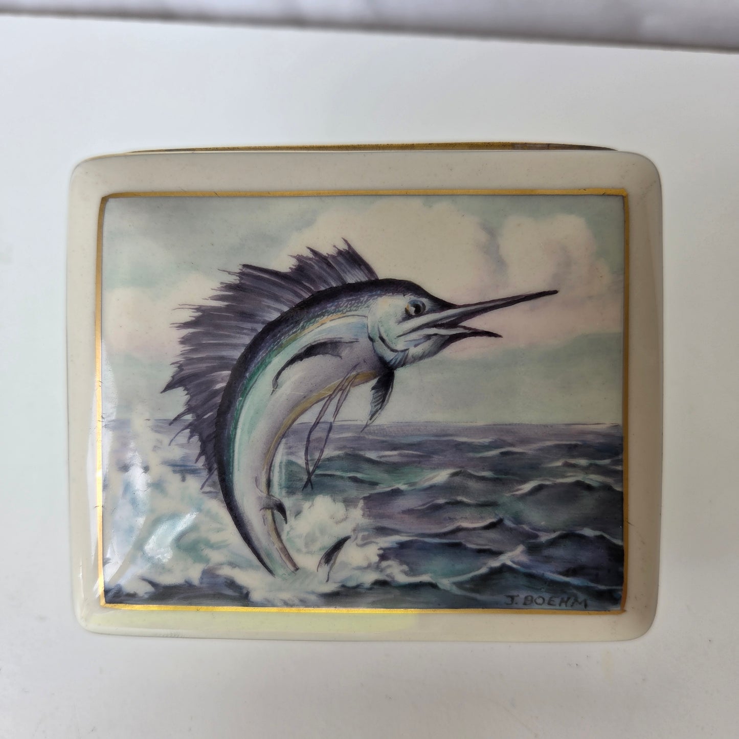 J.Boehm Porcelin Trinket Box Swordfish Sailfish Marlin Ocean Gold Trim Ceramic