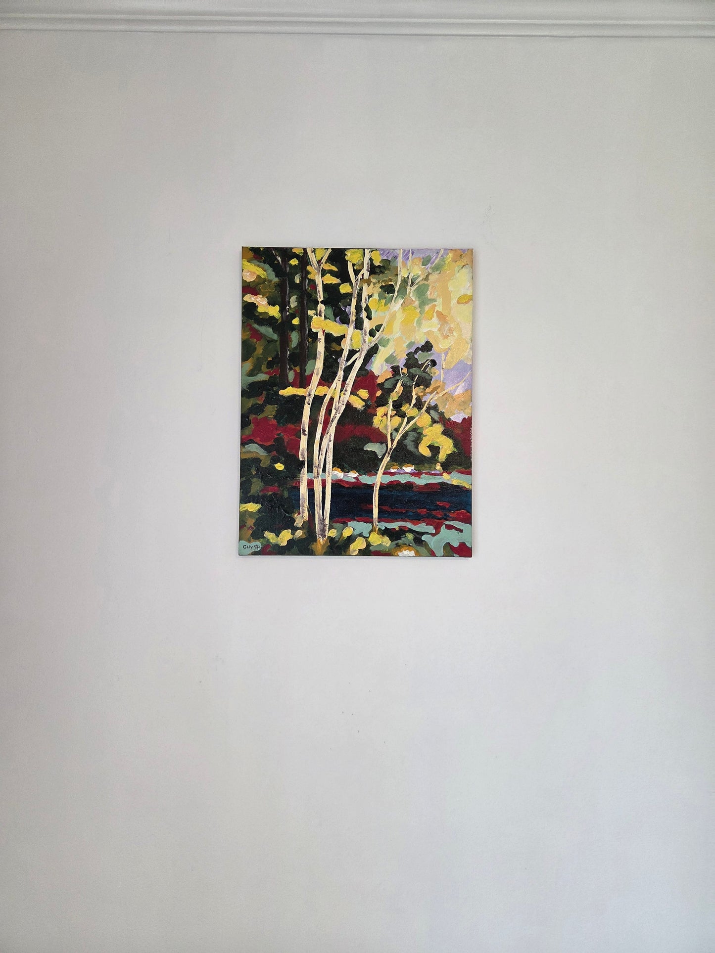 Original Forest Landscape Painting Birch Trees River Nature Acrylic Canvas Art