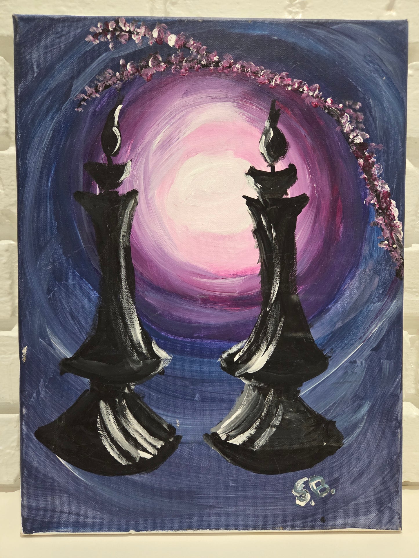 Original Acrylic Painting On Canvas Signed SB Artwork Chess Pawn Candle Moon Art