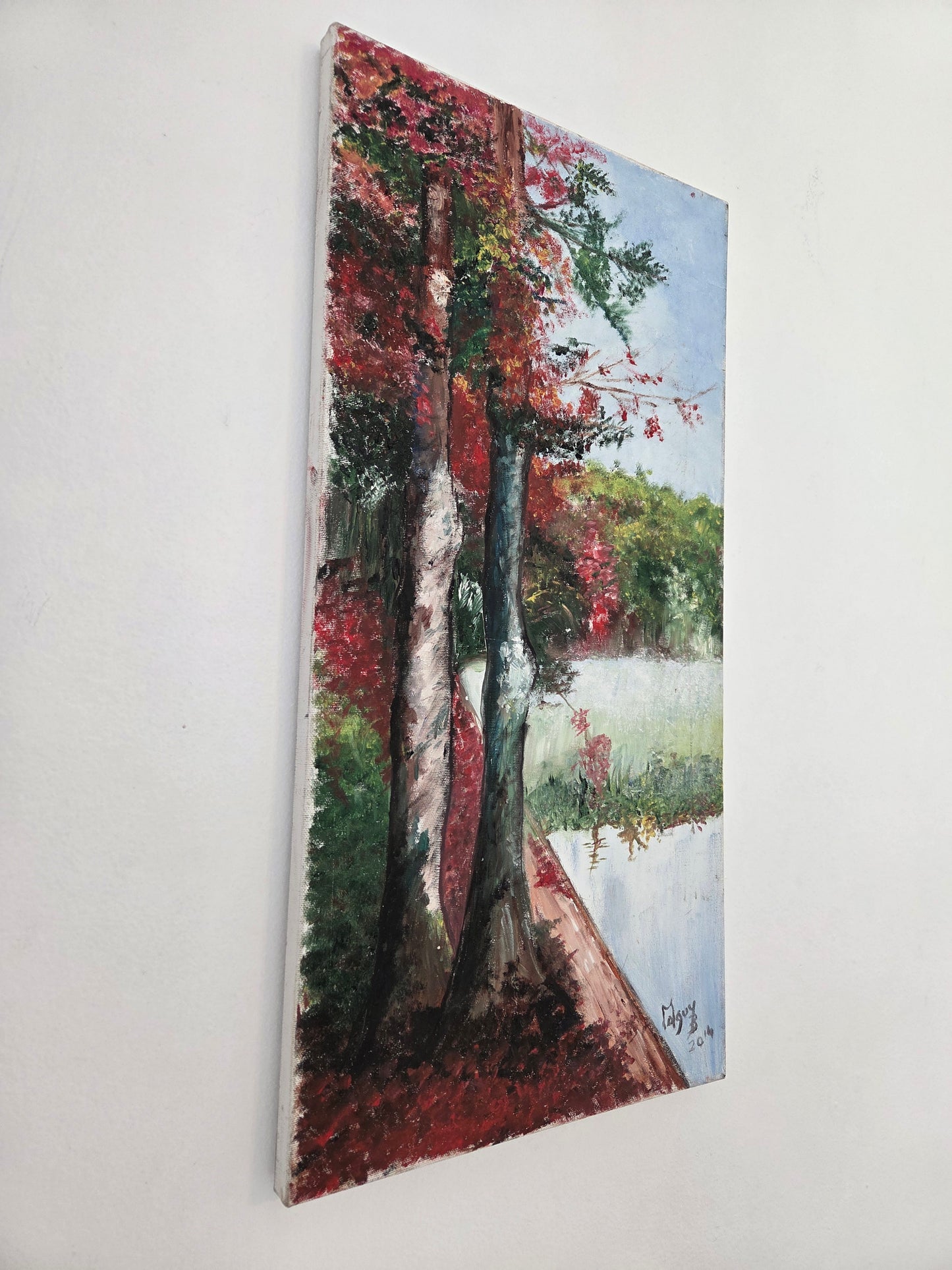 Original Autumn Trees Landscape Painting Fall Lake Nature Scene Canvas Wall Art