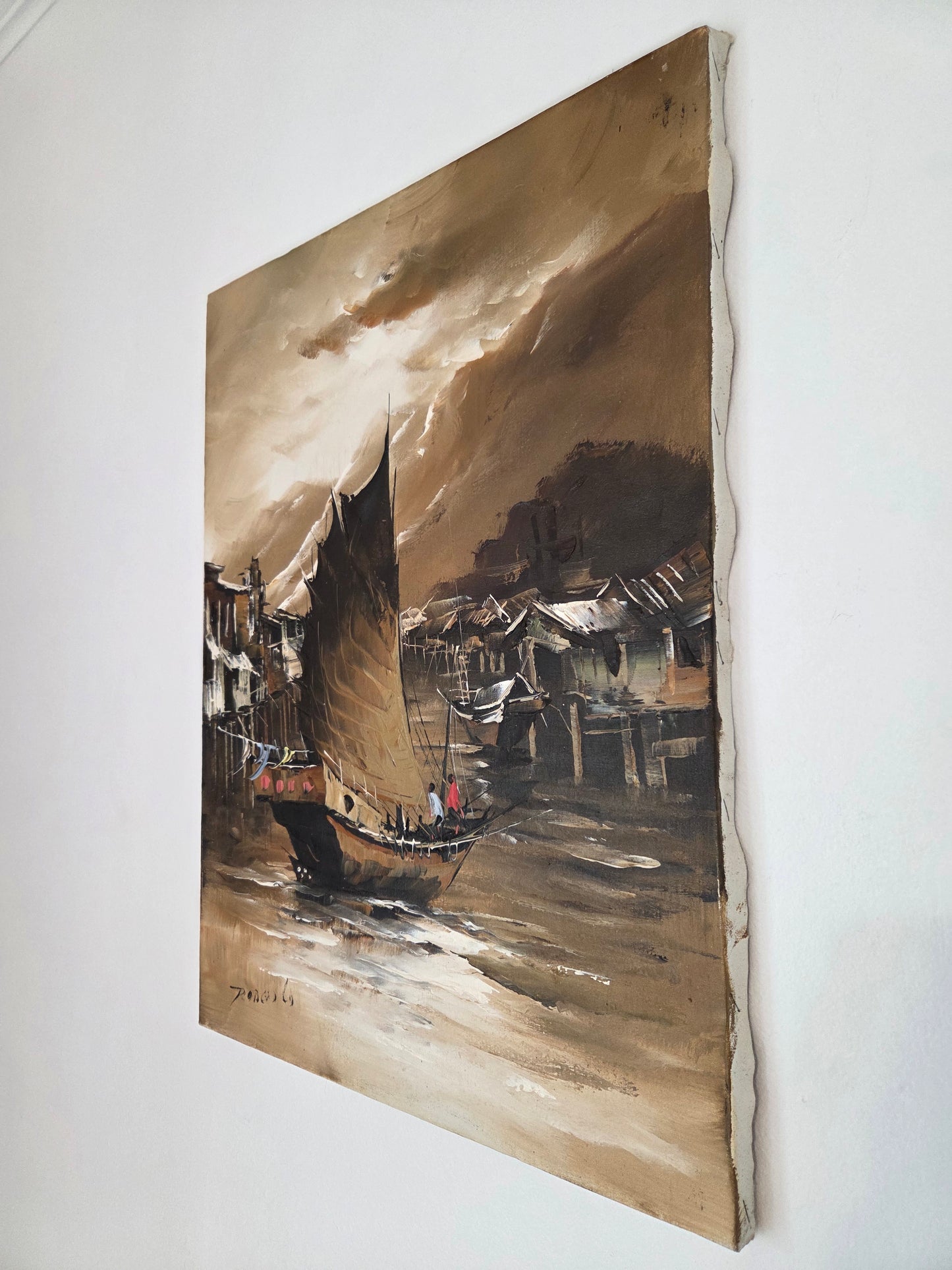 Original Asian Sail Boat Ship Harbor Painting Seascape Canvas Art Maritime Decor