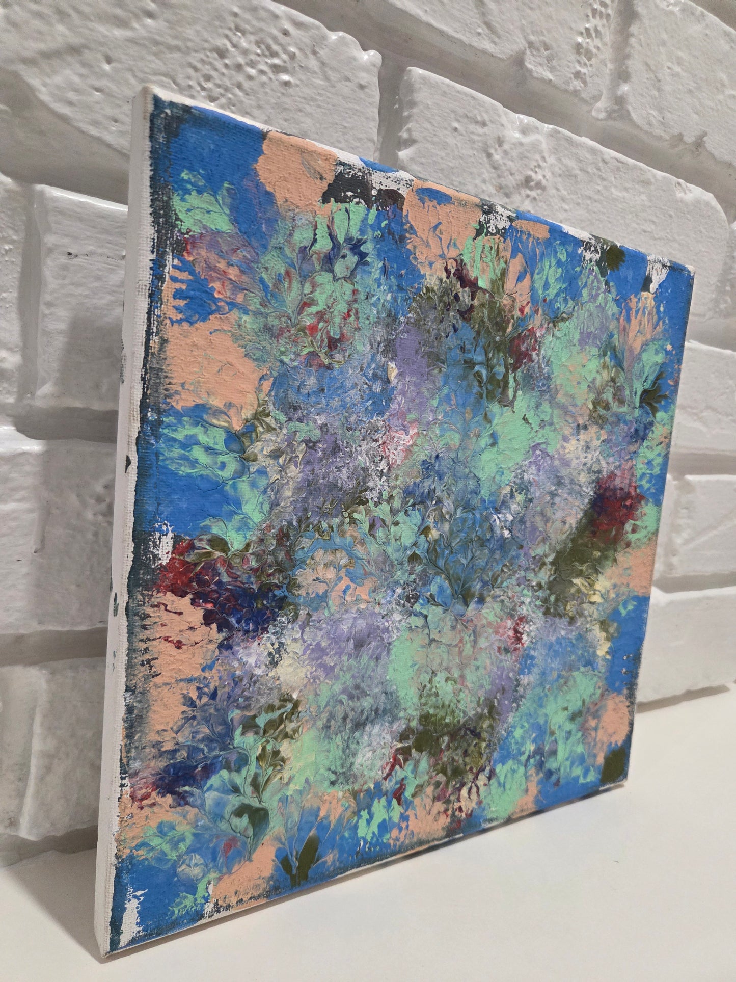 Abstract Blot Floral Art Original Painting On Canvas Signed Blue & Green Artwork