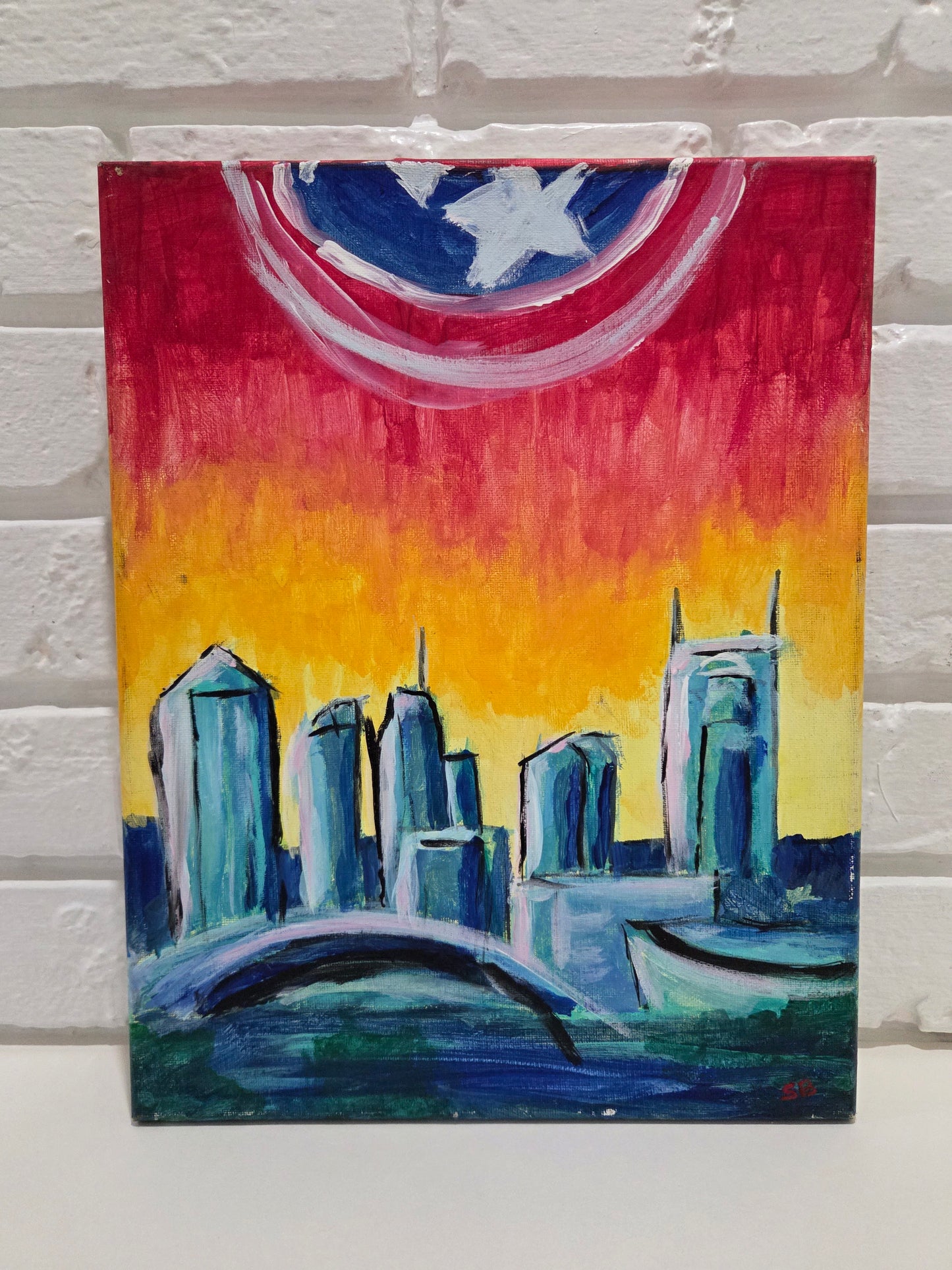 Original Acrylic Painting Canvas Captain America Shield Nashville TN Skyline Art