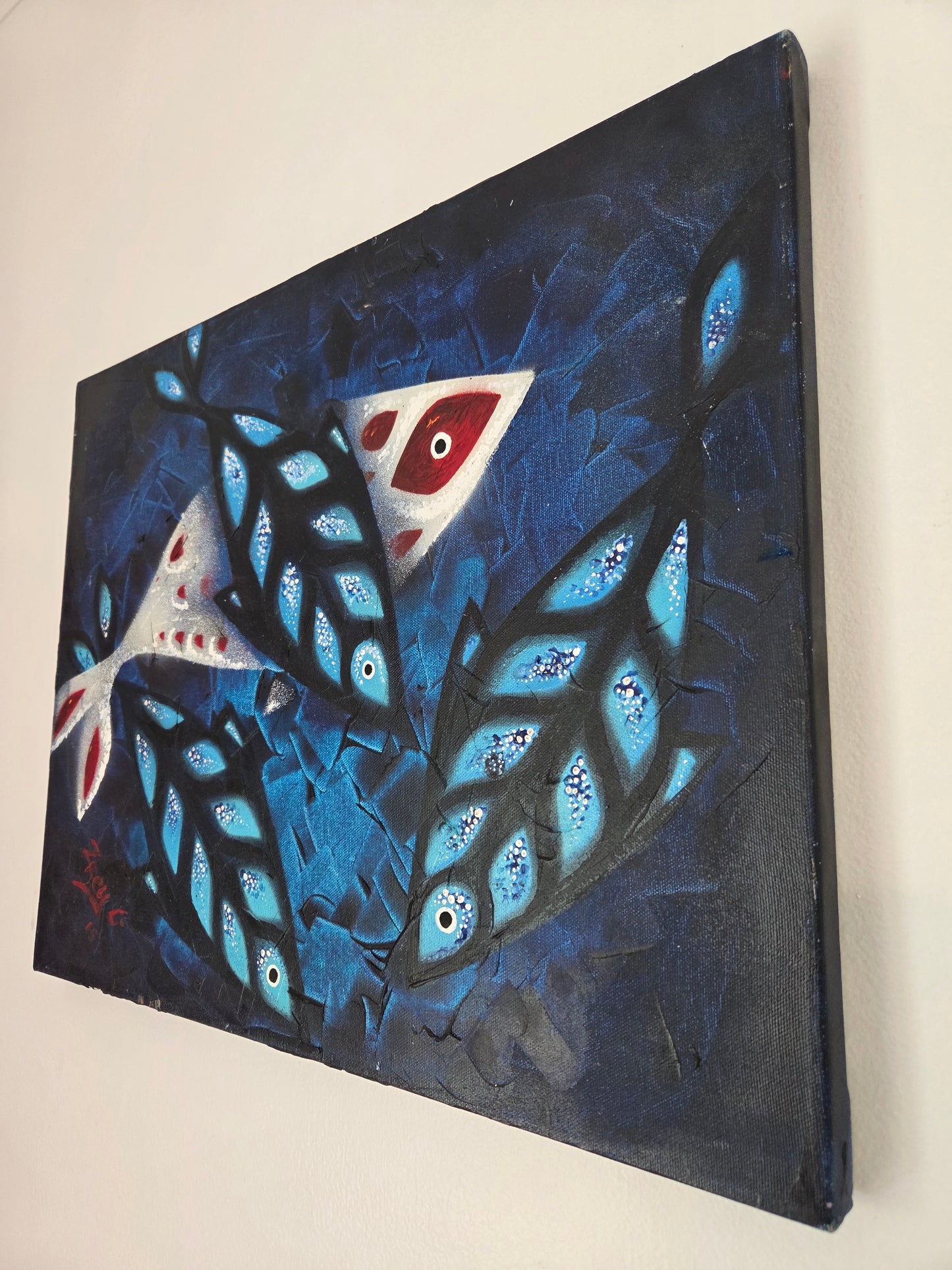 Original Abstract Koi Fish Painting - Modern Blue Marine Ocean Contemporary Art
