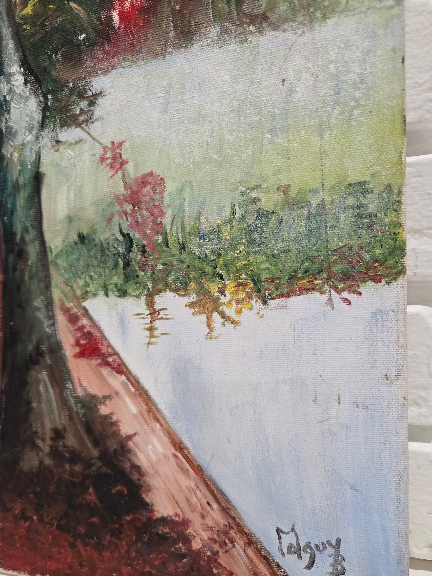 Original Landscape Painting On Canvas Autumn Forest Trees Lake Nature Art Signed