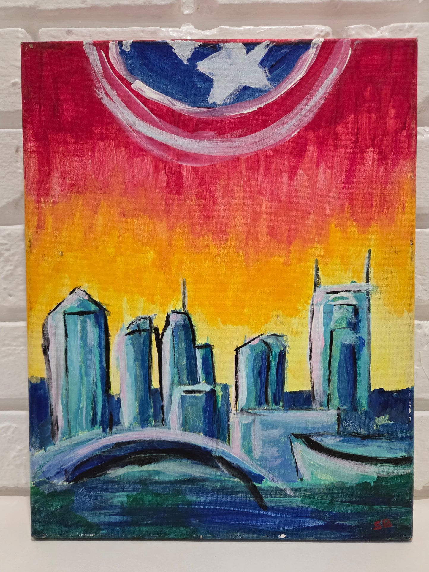 Original Acrylic Painting Canvas Captain America Shield Nashville TN Skyline Art