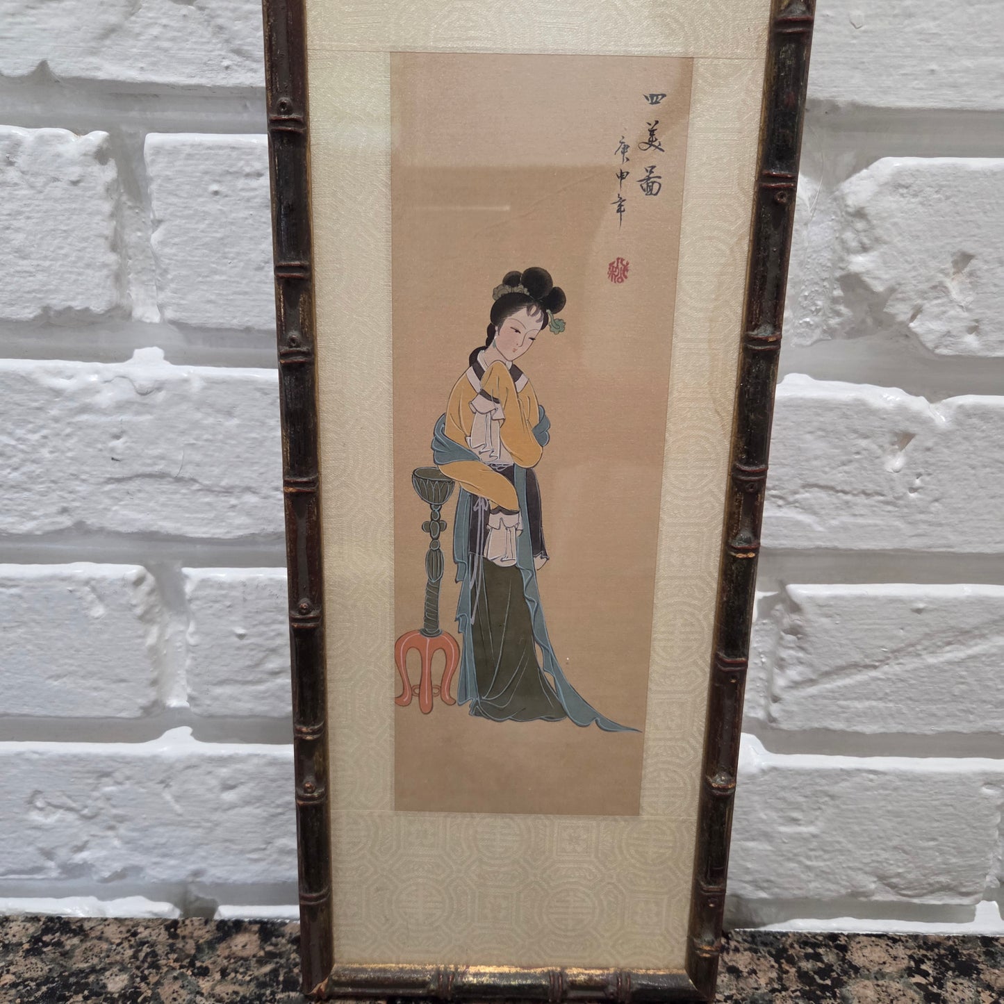 Japanese Art Geisha Girl Color Painting On Silk Signed Original Oriental Tapestry