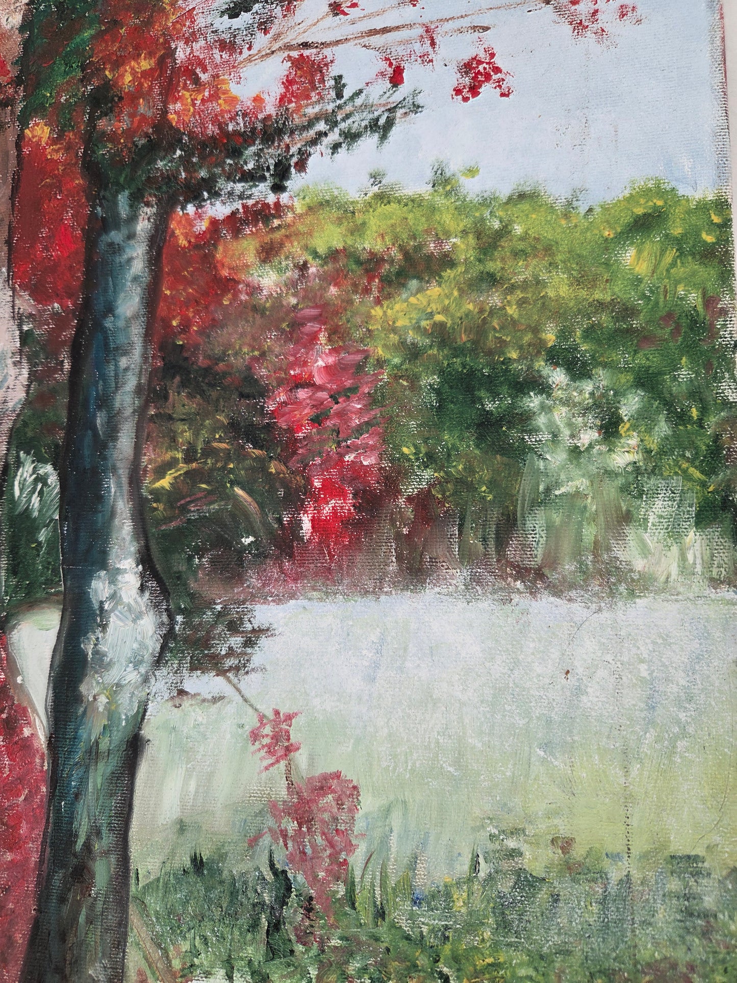 Original Autumn Trees Landscape Painting Fall Lake Nature Scene Canvas Wall Art