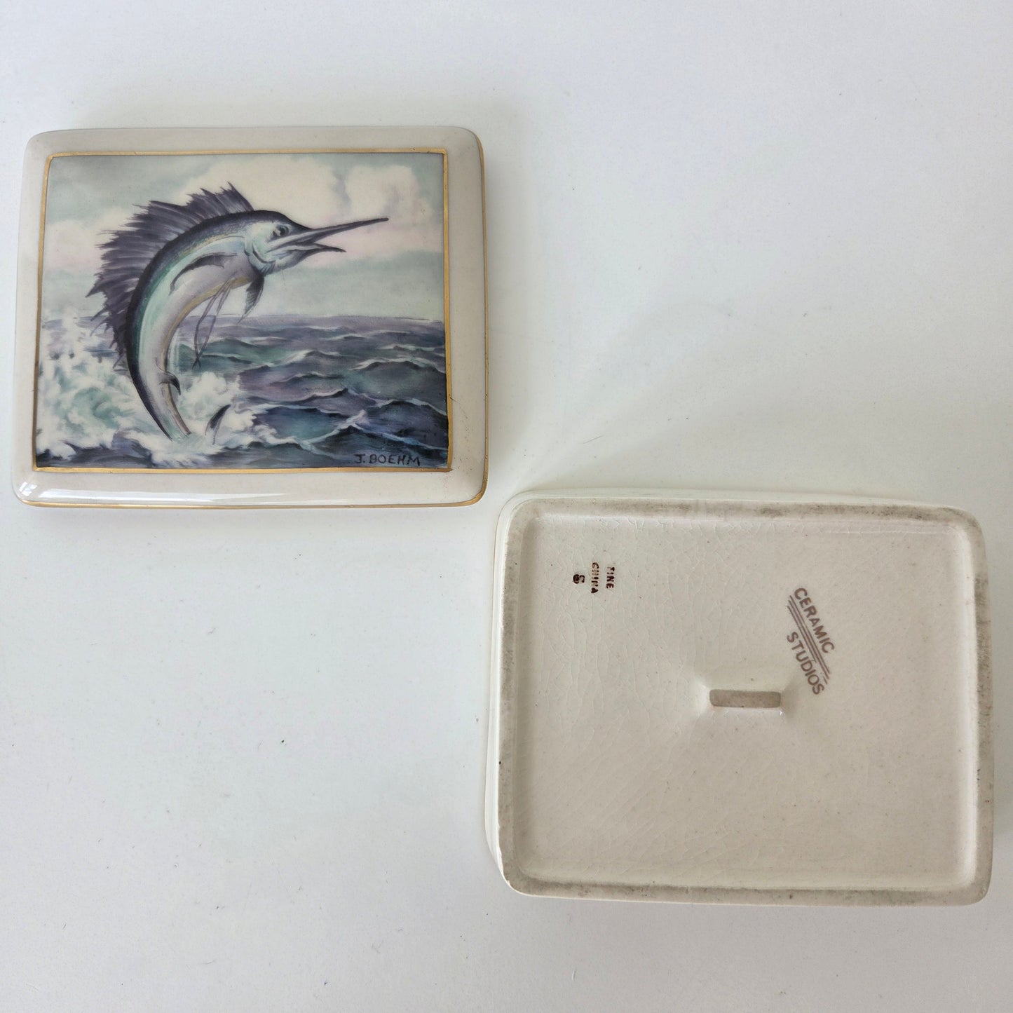 J.Boehm Porcelin Trinket Box Swordfish Sailfish Marlin Ocean Gold Trim Ceramic