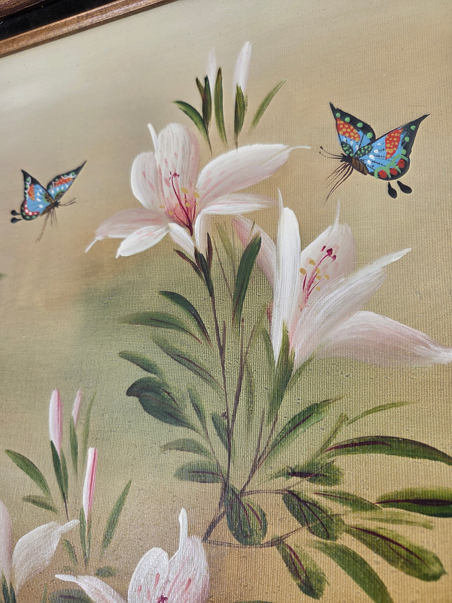 Original Framed Floral Oil Painting: Pink Lilies, Daisies, Butterflies Art Decor