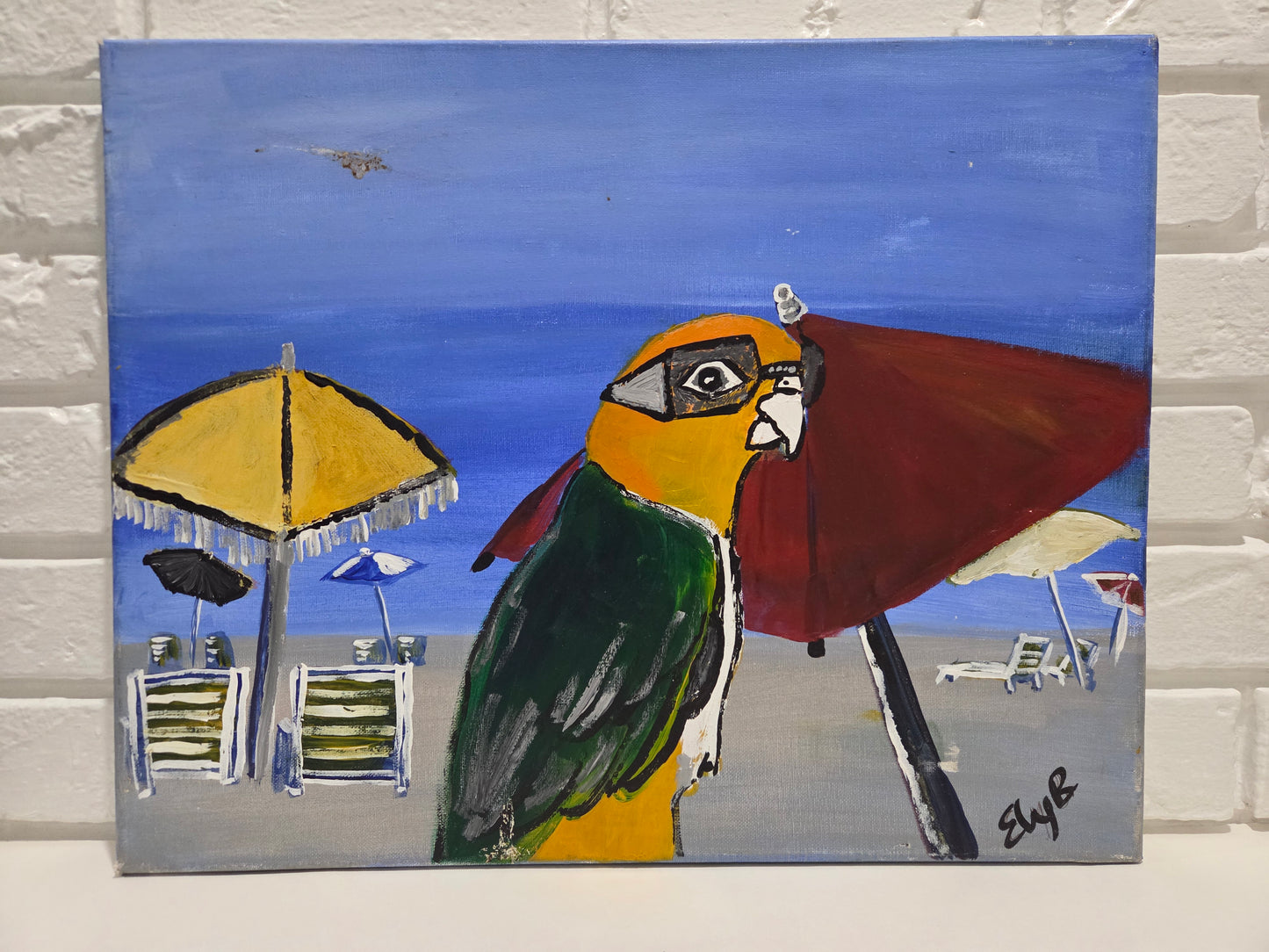 Original Tropical Parrot Bird Beach Island Painting On Canvas Signed Artwork Art