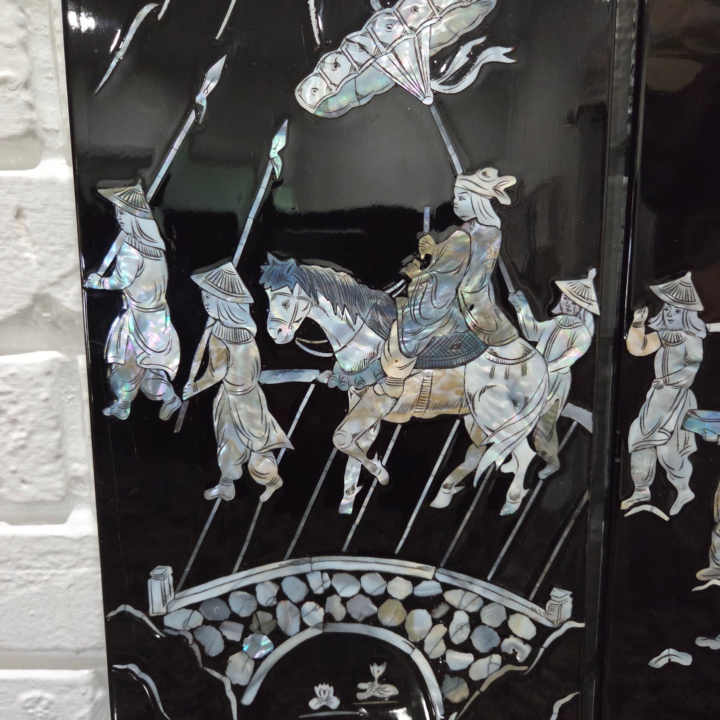 Asian Inlayed Mother Of Pearl On Black Laquer Wood Panel Horse Wall Decor 2p Set