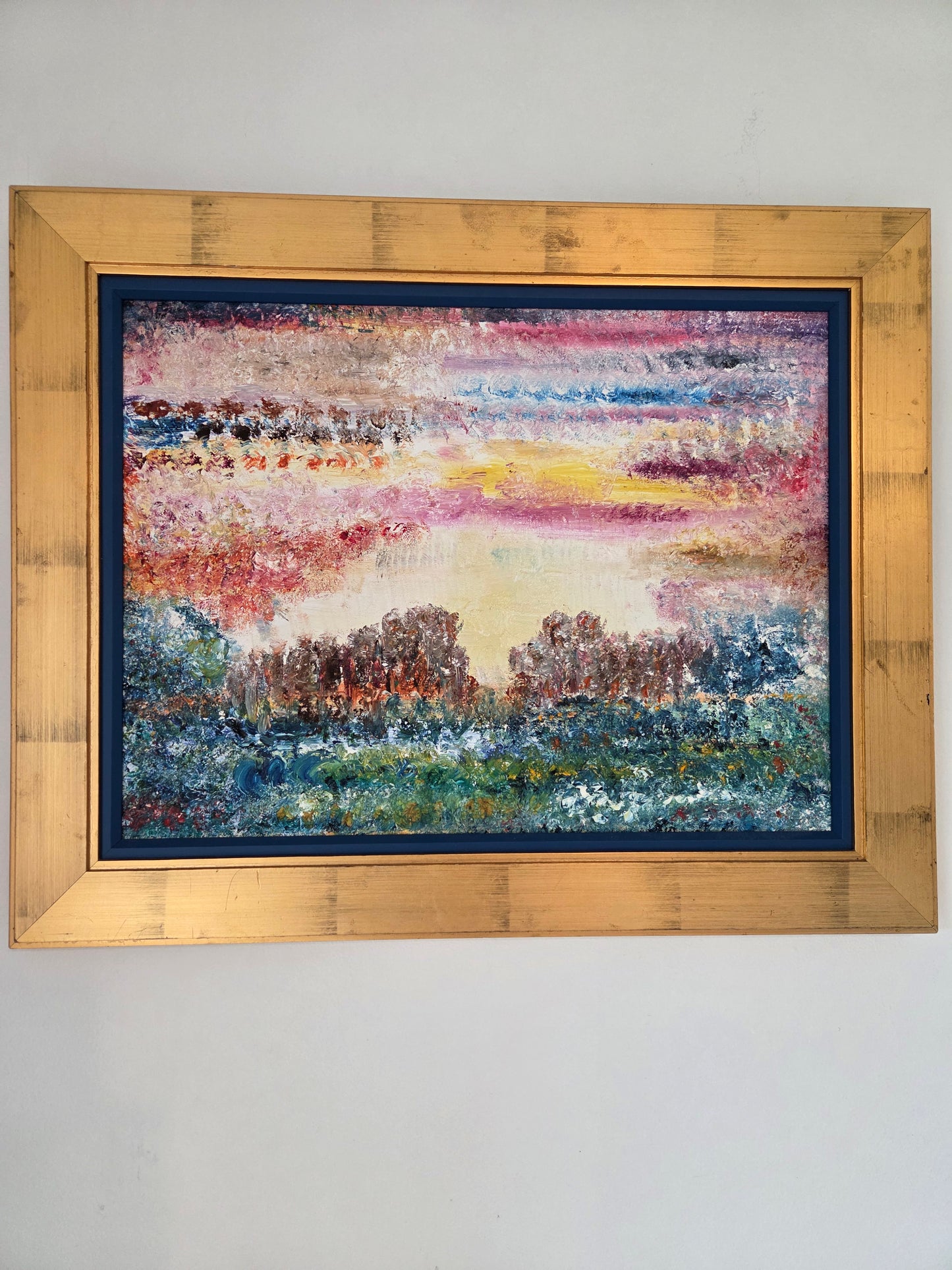 Original Abstract Landscape Oil Painting - Textured Sunset Wall Art - Vibrant Pink and Blue Impressionist Decor - Framed Impasto Nature Art
