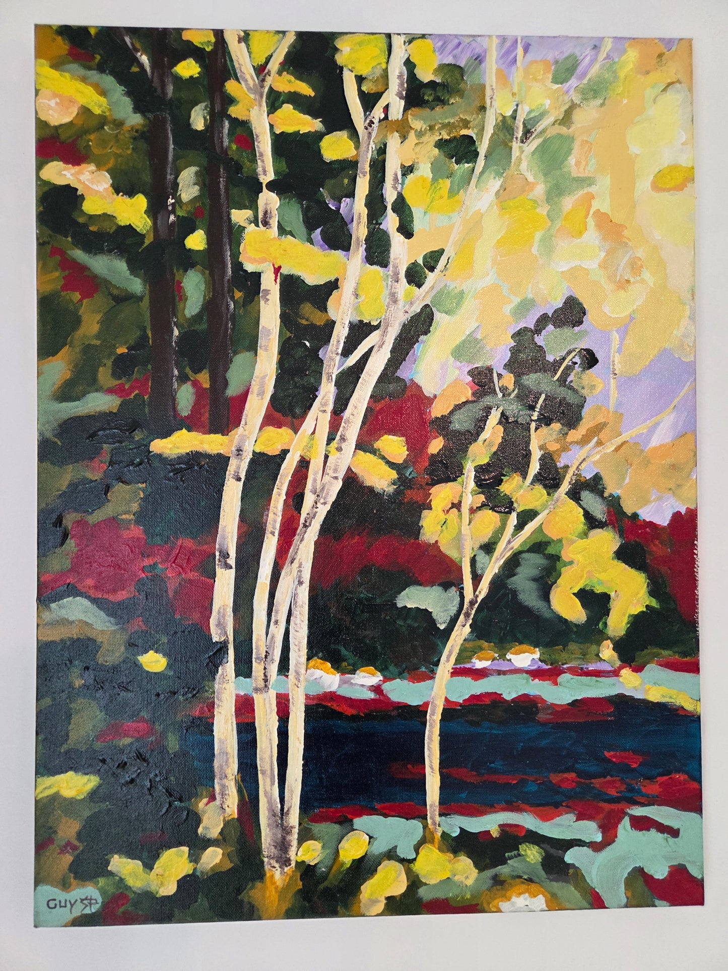 Original Forest Landscape Painting Birch Trees River Nature Acrylic Canvas Art