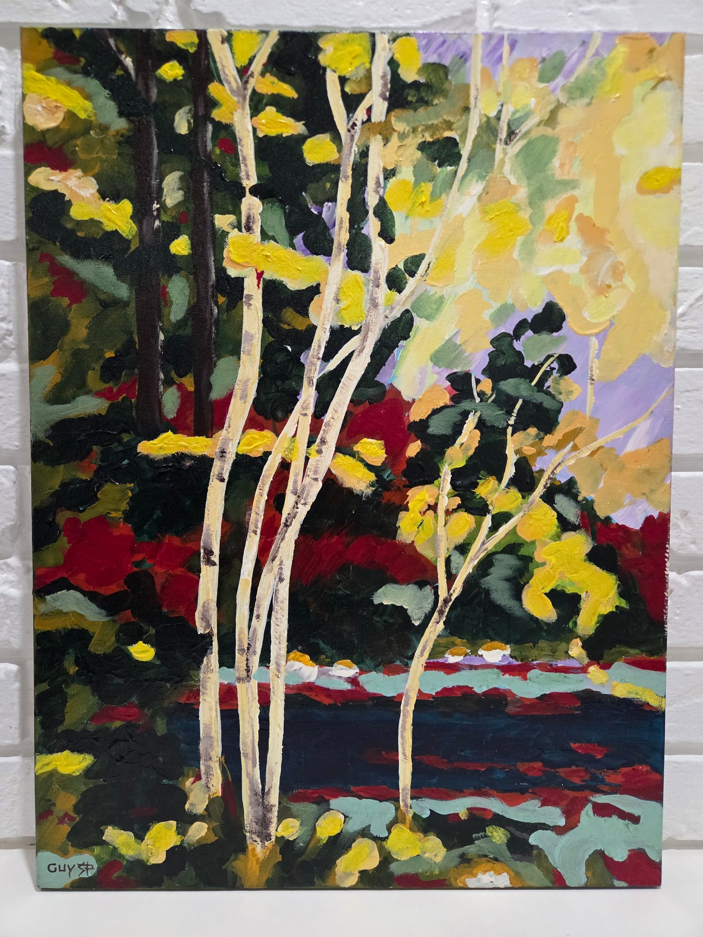 Original Forest Landscape Painting Birch Trees River Nature Acrylic Canvas Art