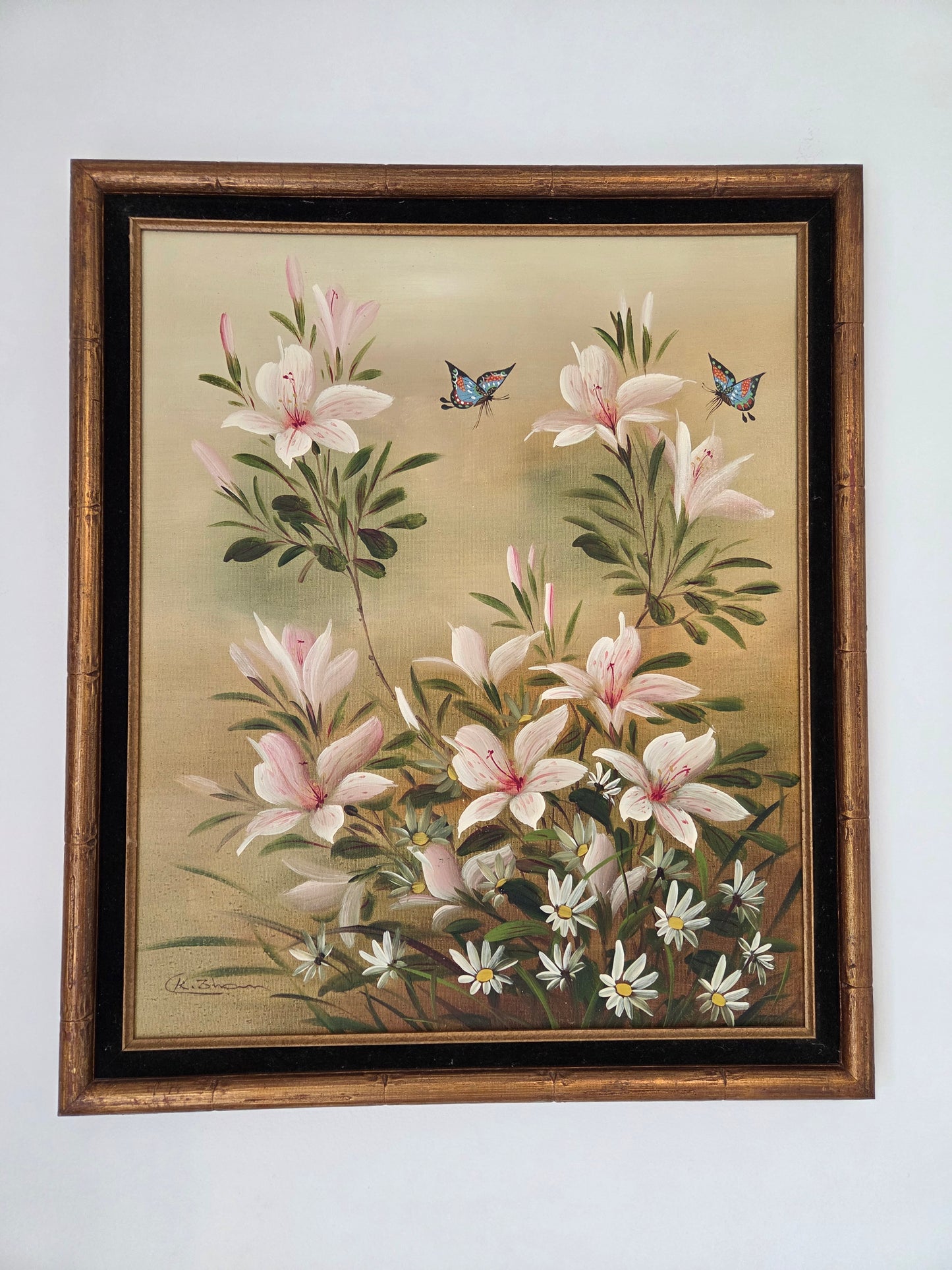 Original Framed Floral Oil Painting: Pink Lilies, Daisies, Butterflies Art Decor