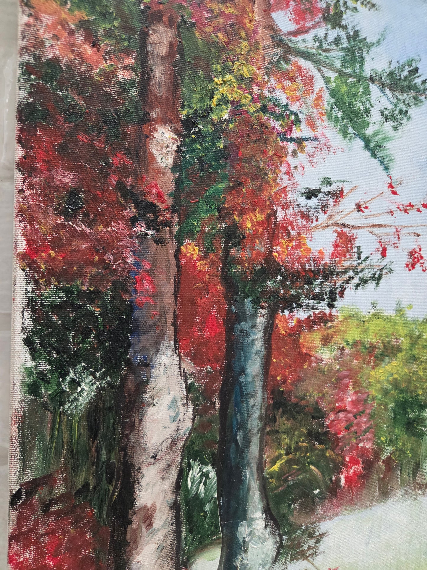 Original Landscape Painting On Canvas Autumn Forest Trees Lake Nature Art Signed