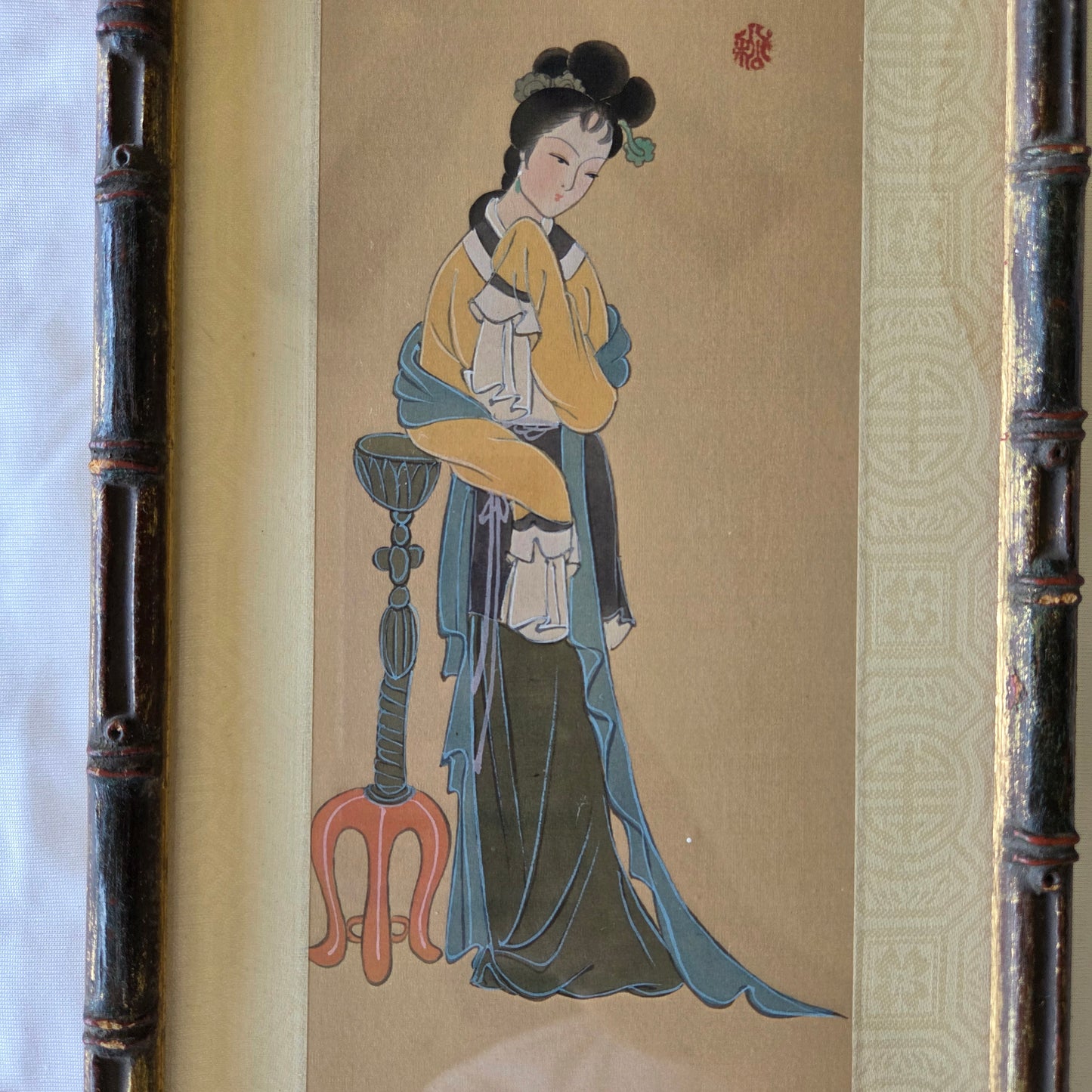 Japanese Art Geisha Girl Color Painting On Silk Signed Original Oriental Tapestry