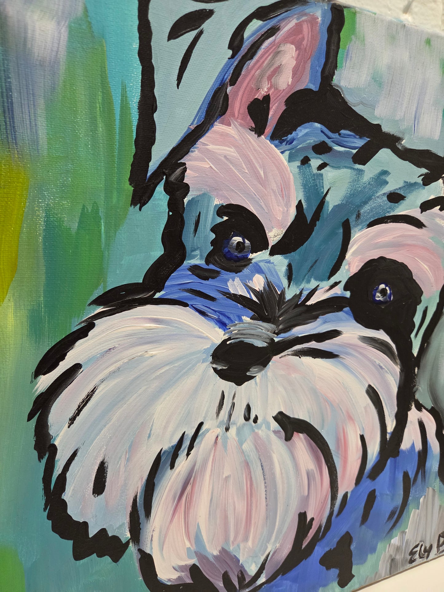 Original Schnauzer Dog Pop Art Painting On Canvas Signed Pet Portrait Home Decor