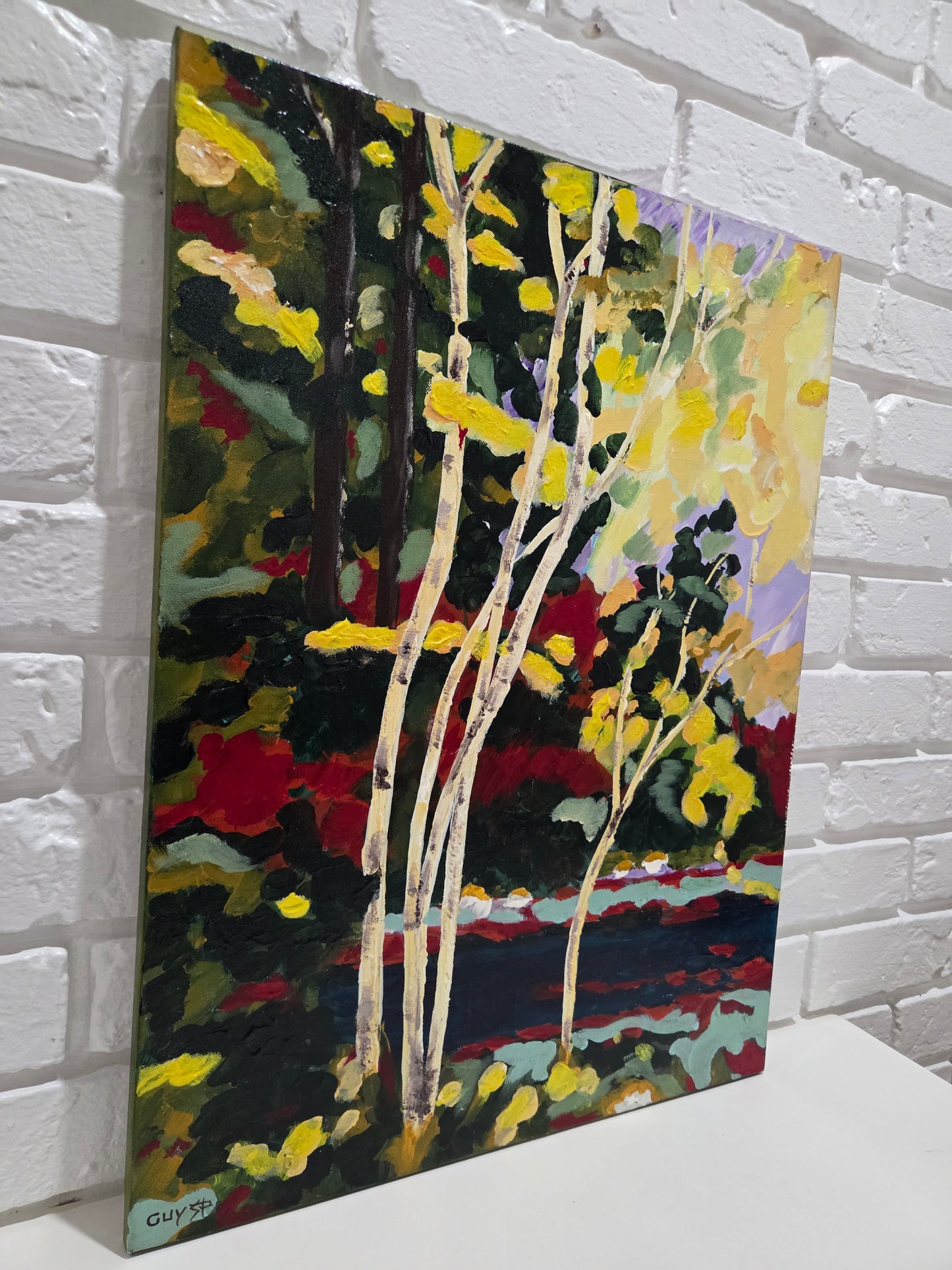 Original Forest Landscape Painting Birch Trees River Nature Acrylic Canvas Art